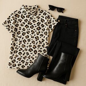 Anthropologie Leopard Mock Neck Top Textured Knit Tee Field Flower Sz S